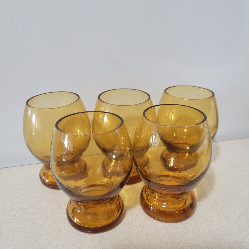 Set of 5 Vintage Amber Port Shot Glasses Yellow